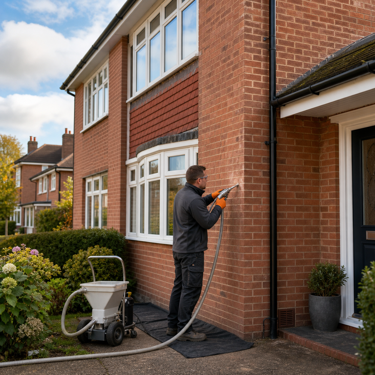 A professional cavity wall insulation installer working on a neat UK brick home in 2026, with small injection holes in the external wall and tidy equipment outside.