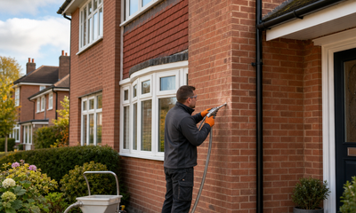 A professional cavity wall insulation installer working on a neat UK brick home in 2026, with small injection holes in the external wall and tidy equipment outside.