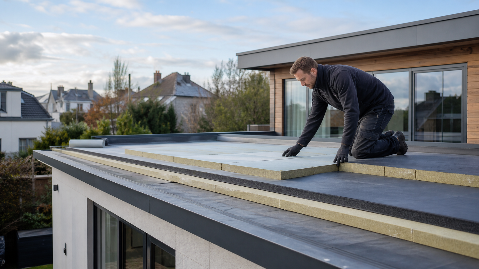 Professional flat roof insulation installation on a UK home extension with insulation boards and waterproof roof detailing.