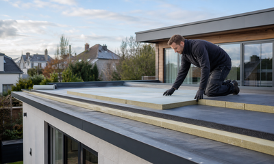 Professional flat roof insulation installation on a UK home extension with insulation boards and waterproof roof detailing.