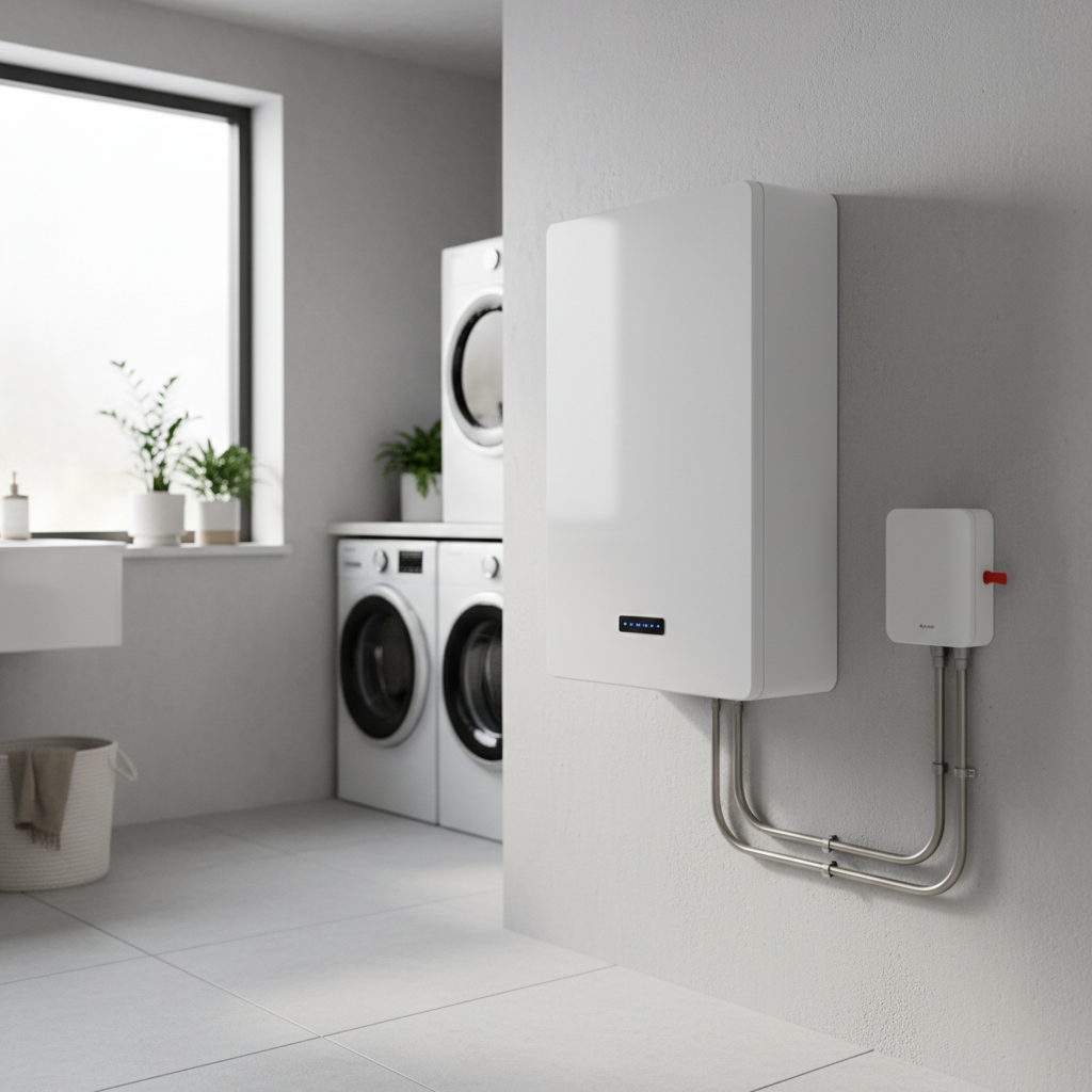 A clean modern UK utility room in 2026 with a sleek wall mounted lithium iron phosphate home battery storage unit, glossy white casing with a small LED status panel, neat conduit and isolator switch on the wall beside it, soft natural daylight, illustrating a professional residential solar battery storage install on the UK domestic market.