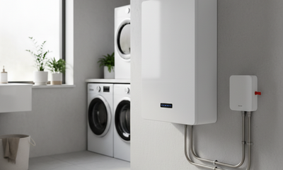 A clean modern UK utility room in 2026 with a sleek wall mounted lithium iron phosphate home battery storage unit, glossy white casing with a small LED status panel, neat conduit and isolator switch on the wall beside it, soft natural daylight, illustrating a professional residential solar battery storage install on the UK domestic market.