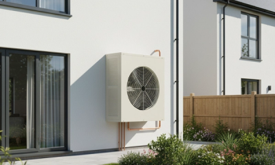 Modern UK 1930s semi detached red brick home with a high temperature air source heat pump outdoor unit installed on a small concrete plinth at the side of the building, soft British morning light.