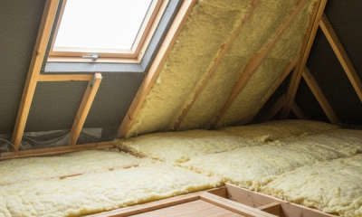 A clean UK loft interior in 2026 with thick mineral wool quilt laid in two crossed layers between and across the timber joists, soft natural light, a clear ventilation gap at the eaves, exposed roof rafters and felt, neat boarding around the loft hatch, illustrating a professional loft insulation install to current Building Regulations.
