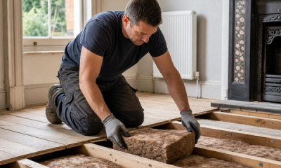 A professional installer fitting insulation between suspended timber floor joists in an older UK home during a 2026 retrofit survey.