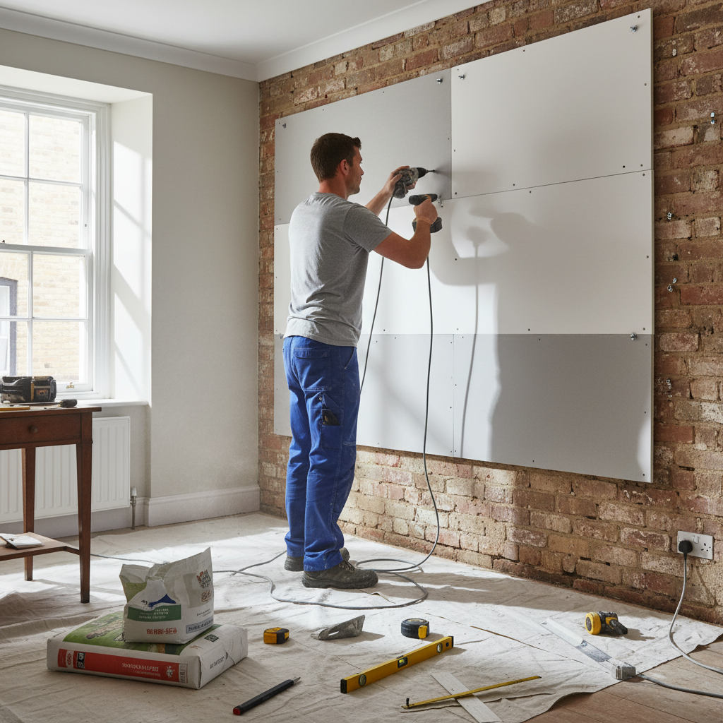 Installer fitting internal wall insulation boards inside a UK solid wall home.