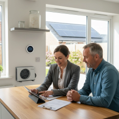 A bright modern UK home in 2026 being assessed for Warm Homes Local Grant upgrades, with an energy adviser reviewing documents beside visible loft insulation, solar panels, smart heating controls and an air source heat pump outside.