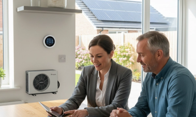 A bright modern UK home in 2026 being assessed for Warm Homes Local Grant upgrades, with an energy adviser reviewing documents beside visible loft insulation, solar panels, smart heating controls and an air source heat pump outside.