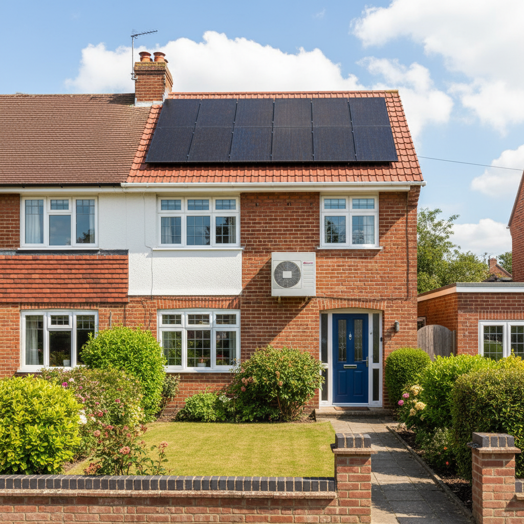 A UK home with rooftop solar panels and an air source heat pump planned as one efficient energy system.