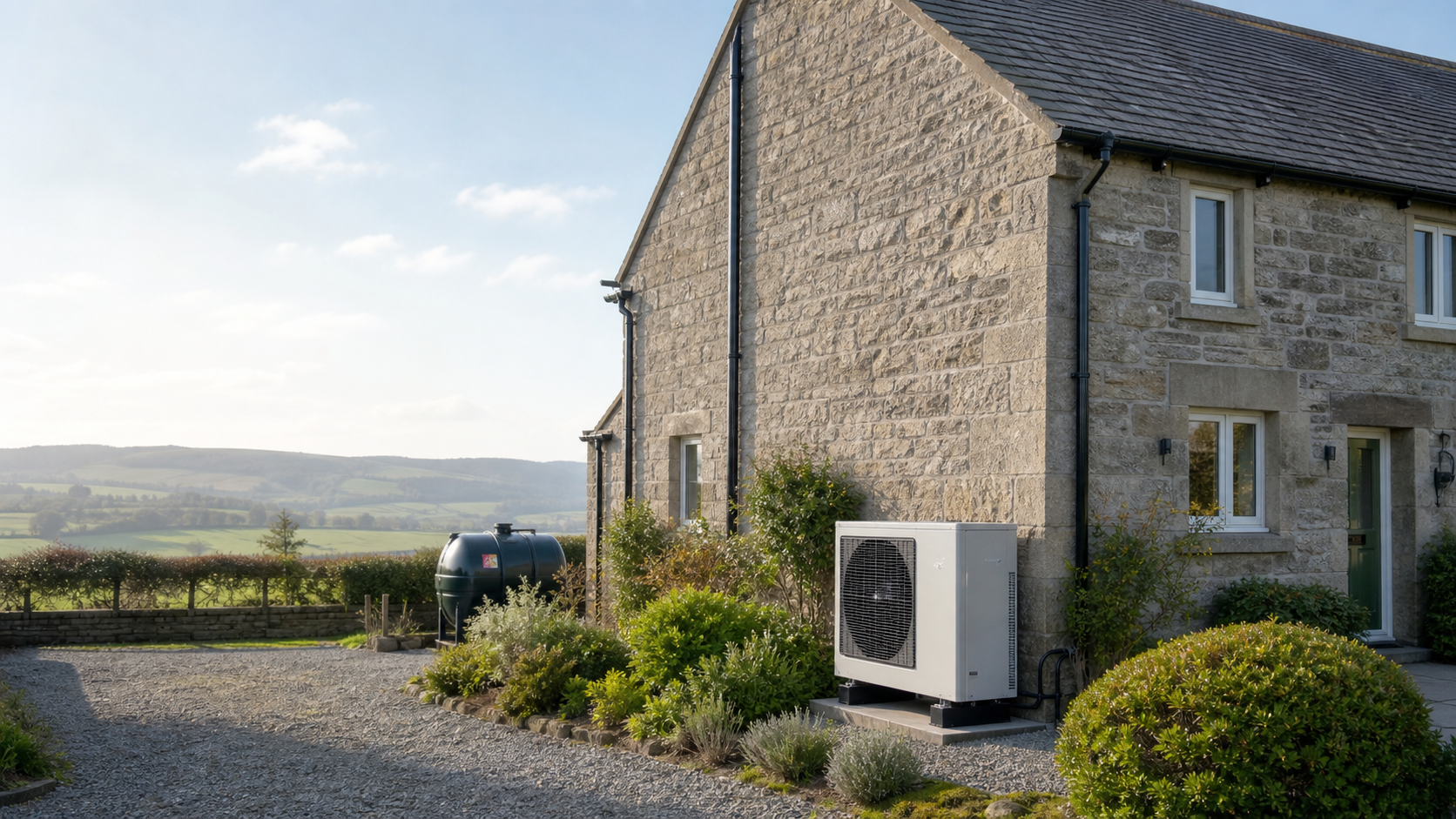 Rural British home replacing oil or LPG heating with an outdoor air to water heat pump under the Boiler Upgrade Scheme.
