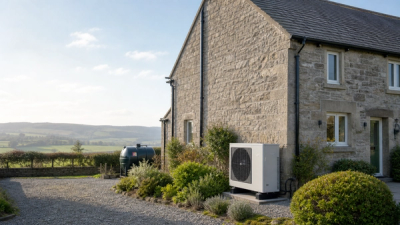 Rural British home replacing oil or LPG heating with an outdoor air to water heat pump under the Boiler Upgrade Scheme.
