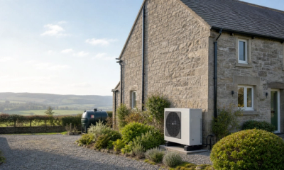 Rural British home replacing oil or LPG heating with an outdoor air to water heat pump under the Boiler Upgrade Scheme.