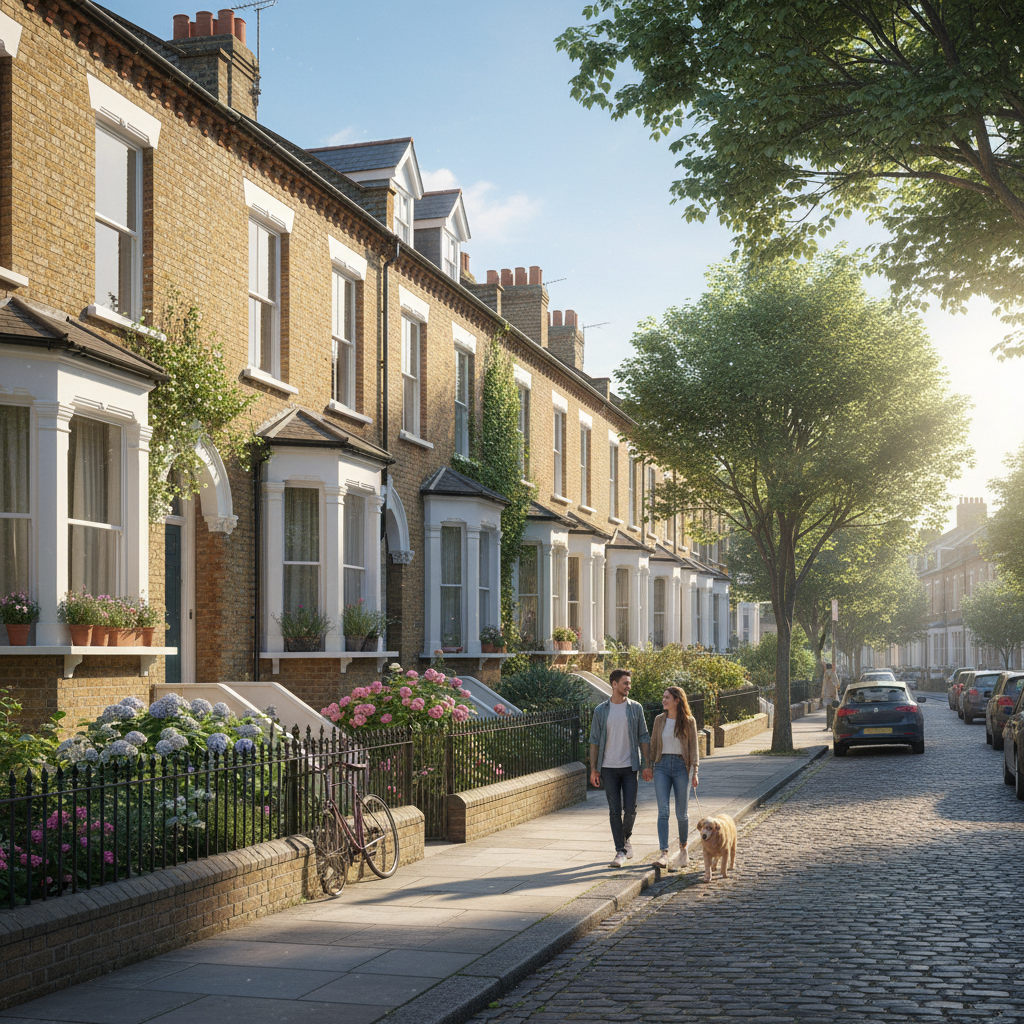 UK terraced street of homes on a sunny day