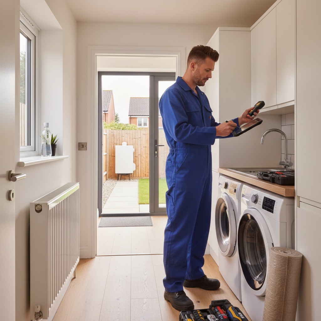 A UK heating engineer measuring a white radiator during a 2026 air source heat pump survey, with an outdoor heat pump visible through the back door.