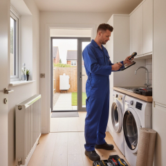 A UK heating engineer measuring a white radiator during a 2026 air source heat pump survey, with an outdoor heat pump visible through the back door.