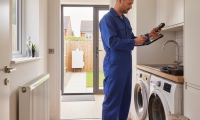 A UK heating engineer measuring a white radiator during a 2026 air source heat pump survey, with an outdoor heat pump visible through the back door.