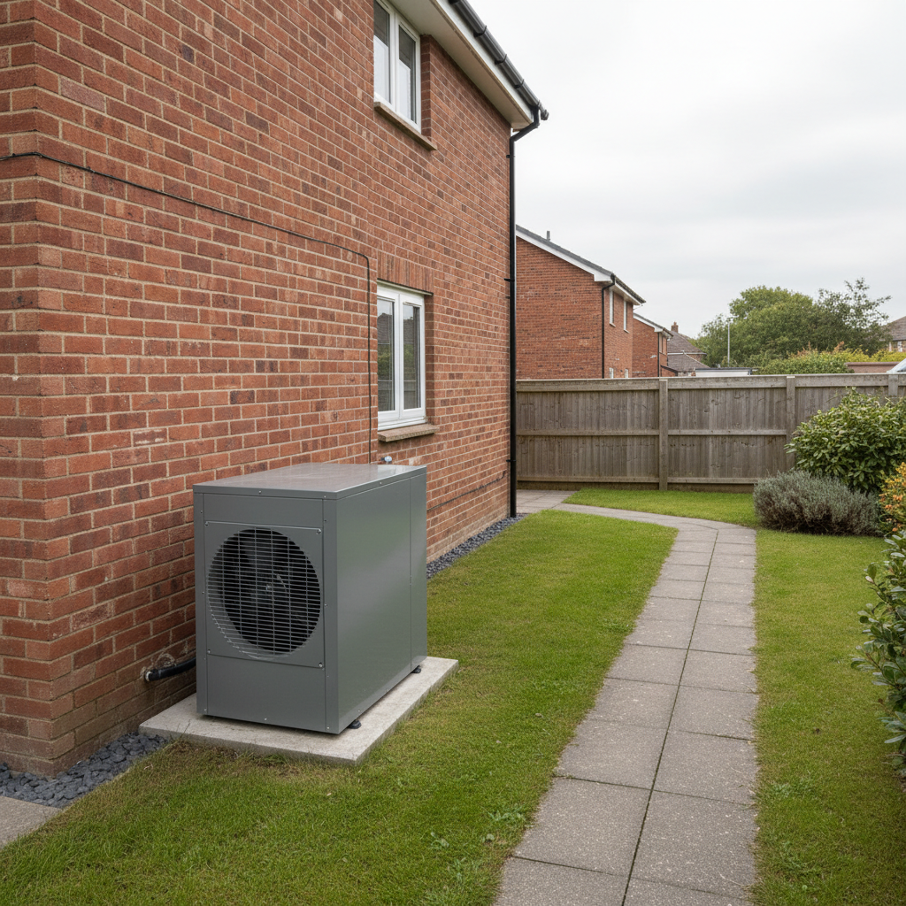 Quiet air source heat pump outside a UK home with clear space for planning and noise assessment.