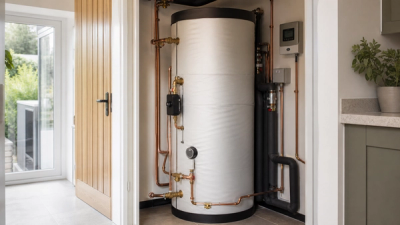 Heat pump compatible hot water cylinder with neat pipework in a UK home utility cupboard.