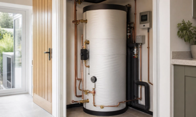 Heat pump compatible hot water cylinder with neat pipework in a UK home utility cupboard.