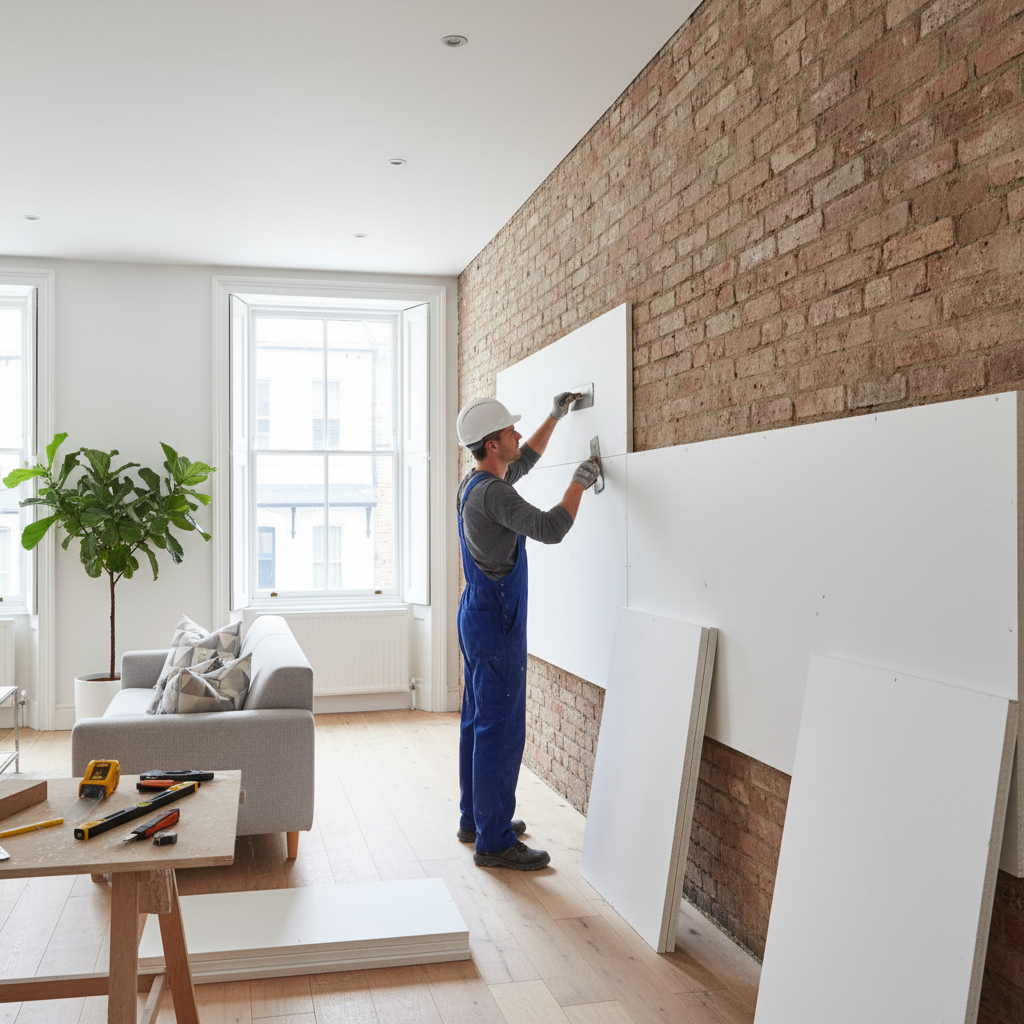 Worker applying internal wall insulation boards inside a UK Victorian terraced house