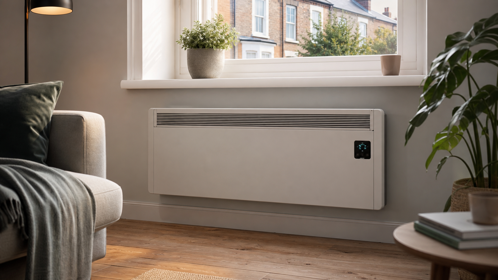 High heat retention electric storage heater with smart controls in a warm UK living room.