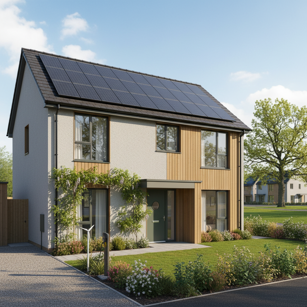 UK home with solar panels and good insulation on a bright spring day