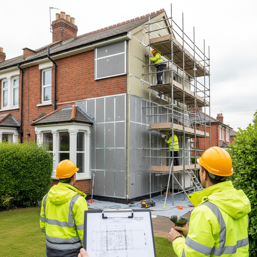 A UK terraced house being retrofitted under PAS 2035 with workers in hi vis jackets installing external wall insulation and a clipboard of technical drawings in the foreground.