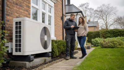 A UK homeowner and MCS installer reviewing a Boiler Upgrade Scheme application beside an air source heat pump.