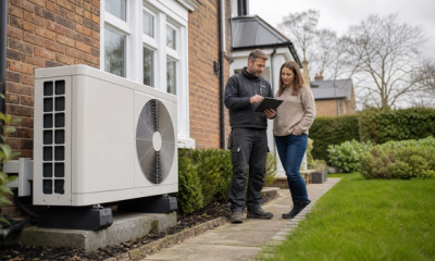 A UK homeowner and MCS installer reviewing a Boiler Upgrade Scheme application beside an air source heat pump.