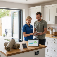 A qualified domestic energy assessor reviewing home energy performance with a UK homeowner in a bright kitchen, with insulation, smart controls, solar equipment and an air source heat pump visible.