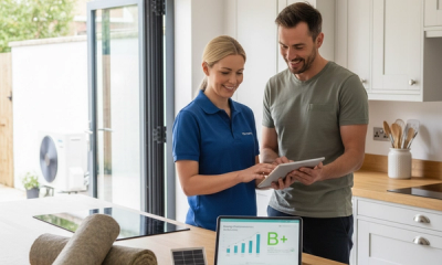 A qualified domestic energy assessor reviewing home energy performance with a UK homeowner in a bright kitchen, with insulation, smart controls, solar equipment and an air source heat pump visible.