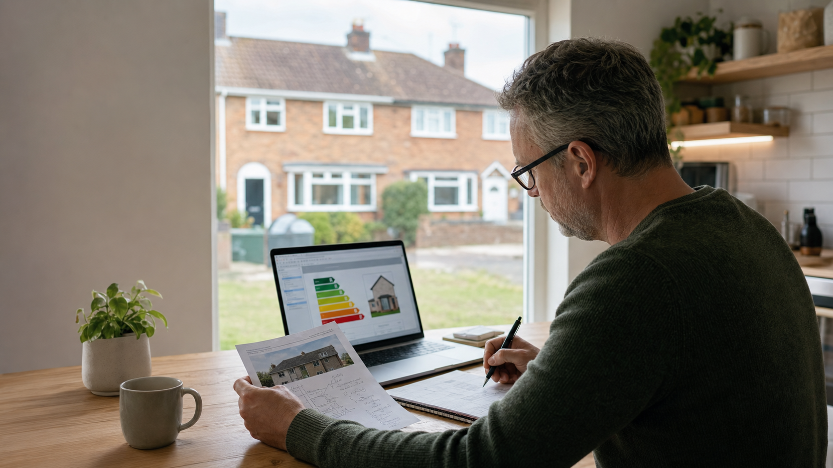 Homeowner reviewing an EPC and retrofit notes before applying for home energy grants