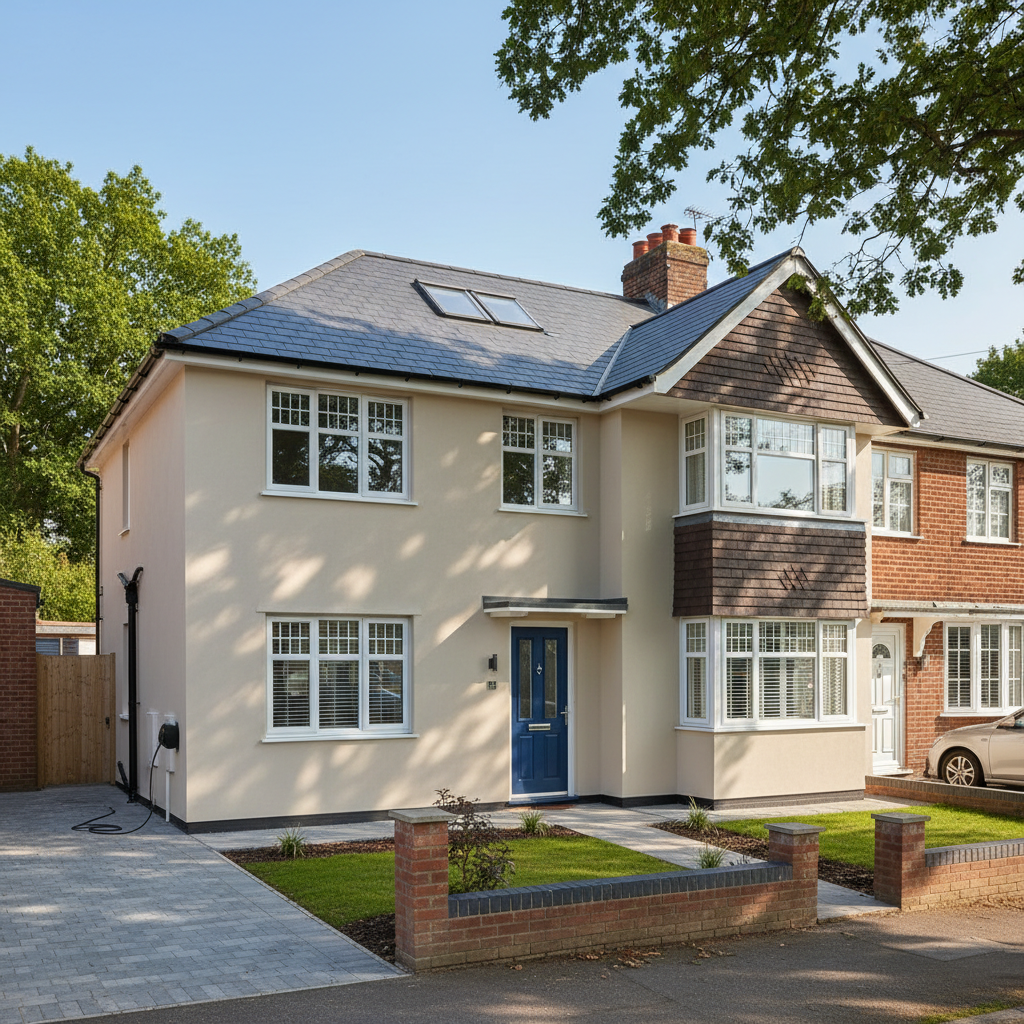 Insulated roof room in a UK home showing the type of space covered by room in roof insulation.