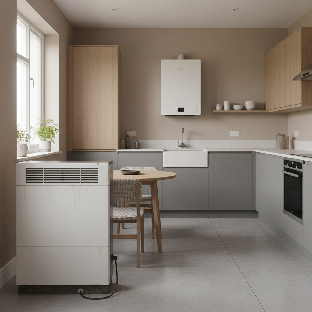 Modern UK kitchen interior with an old white brick night storage heater on the wall contrasted with a wall mounted air to air heat pump indoor unit, soft natural daylight from a side window, photorealistic.
