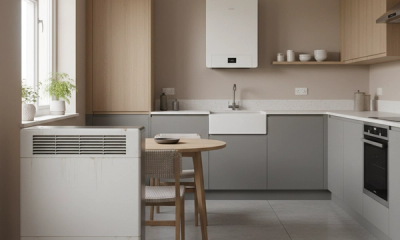 Modern UK kitchen interior with an old white brick night storage heater on the wall contrasted with a wall mounted air to air heat pump indoor unit, soft natural daylight from a side window, photorealistic.