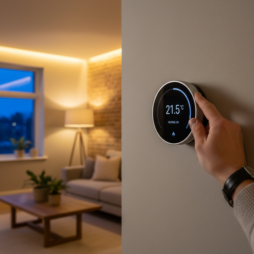 Smart heating controls and thermostat in a modern UK home