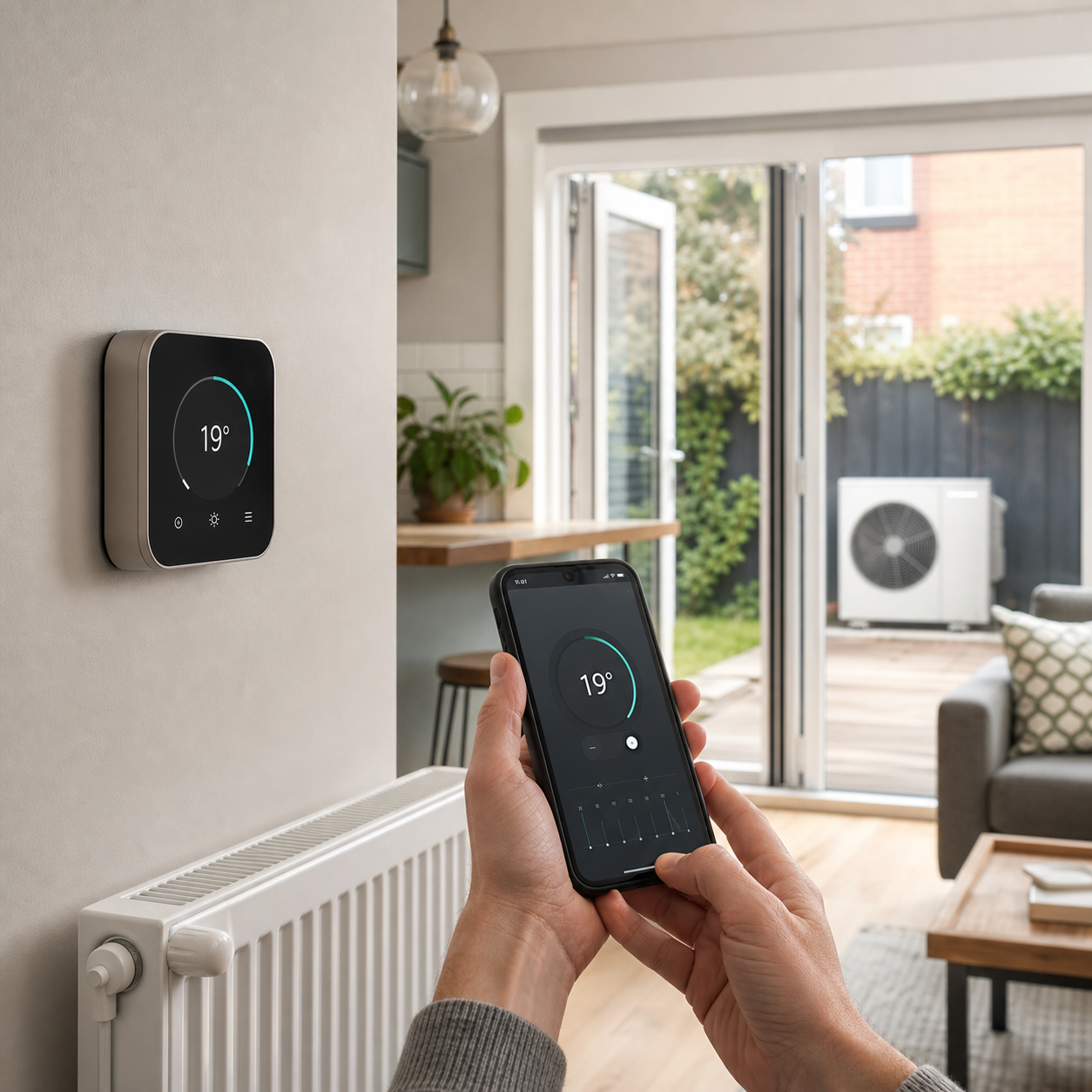 Smart thermostat and phone controls in a UK home with a heat pump outside.