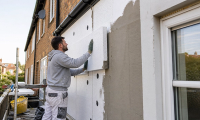 Installer fitting external solid wall insulation to a British brick home for a warmer and more efficient property.