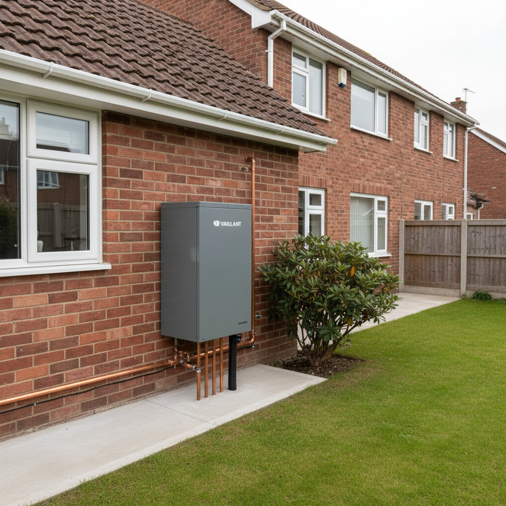 A Vaillant aroTHERM Plus R290 air source heat pump on a concrete plinth at the side of a UK 1980s red brick semi detached home, illustrating a properly sized retrofit heat pump installation.