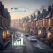 UK terraced houses in winter with warm glowing windows, energy bills concept