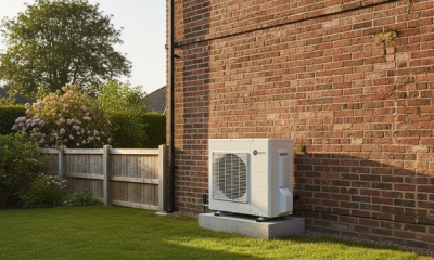 A modern white air source heat pump outdoor unit installed against the rear brick wall of a UK semi detached home, sitting on a low concrete plinth in a tidy back garden, demonstrating compliant permitted development positioning.