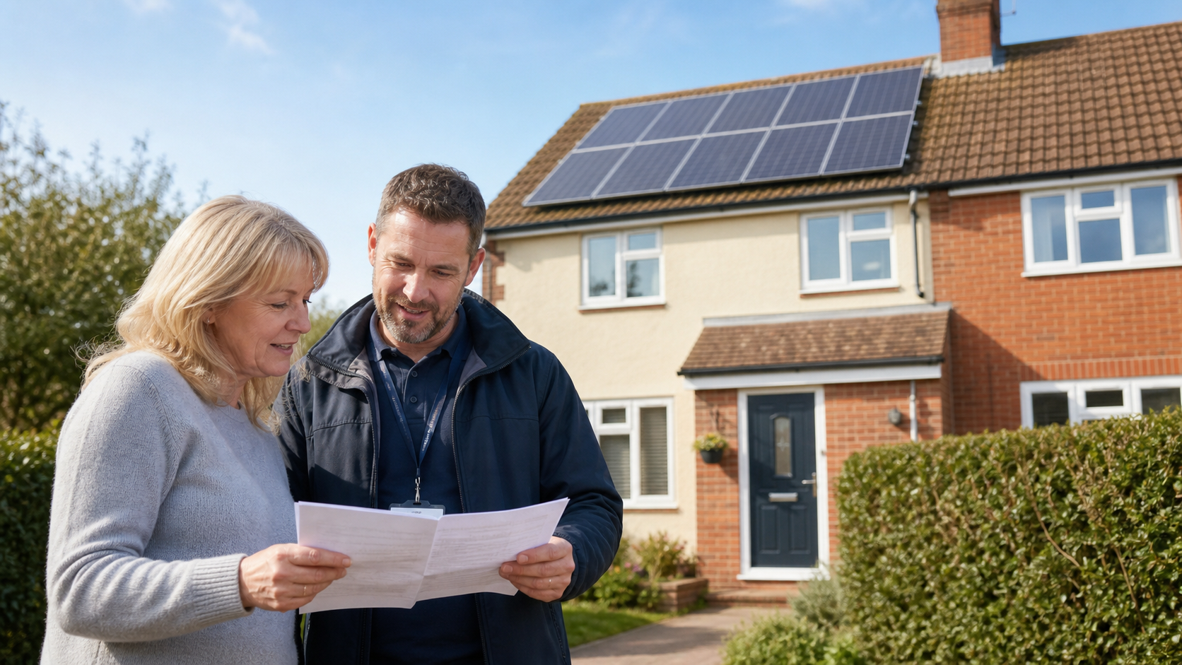 Homeowner and energy advisor reviewing solar panel grant paperwork outside a UK home with rooftop solar panels.