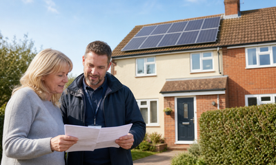Homeowner and energy advisor reviewing solar panel grant paperwork outside a UK home with rooftop solar panels.