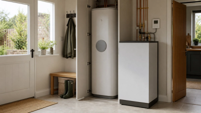 Modern British utility room with a compact heat battery unit and heating controls for a low carbon home upgrade.