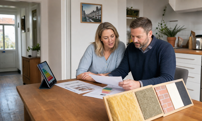 A UK landlord and retrofit advisor reviewing an EPC certificate and rental home upgrade plan.