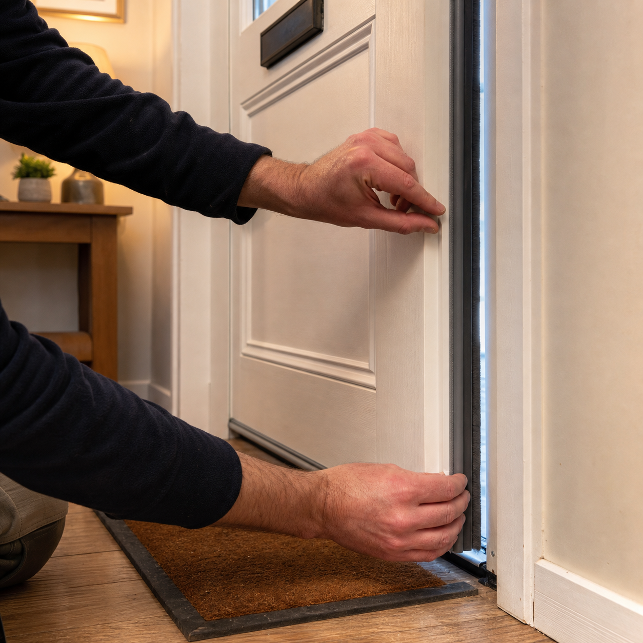 Installer fitting a draught seal to a front door in a UK home.