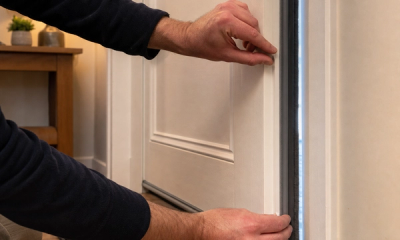 Installer fitting a draught seal to a front door in a UK home.