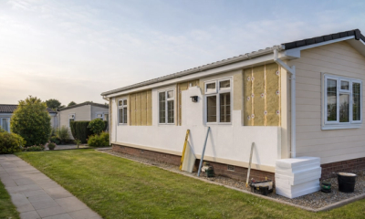 Residential park home being upgraded with external insulation in natural daylight.