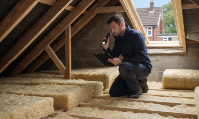 A UK energy assessor checking loft insulation during a Warm Homes Local Grant home survey.