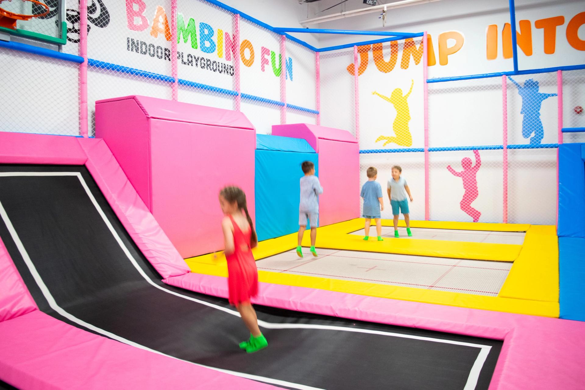 Kids jumping on trampolines at Bambino Fun indoor playground